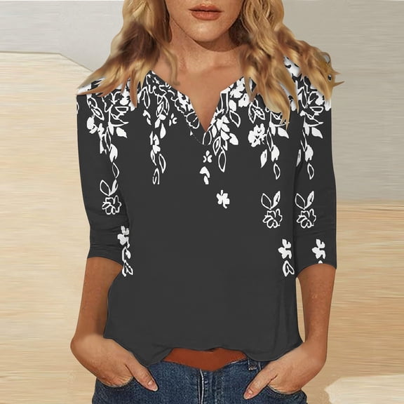 Gray Women's Long Sleeve T-shirt, 3/4 Sleeve Tops For Women Summer Notched V Neck Plain T Shirts Casual Cute Three Quarter Length Blouses,Women's Long sleeve T-shirt 3XL