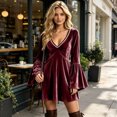 thumbnail image 6 of Women Bell Sleeve Dress Pearl Trim V Neck Flowy Layered Velvet Mini Dress 2XL, 6 of 6