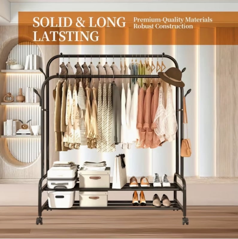 Clothes Rack for Hanging Clothes, Metal Clothes Garment, Portable Sturdy Clothes Rack, Extendable Rolling Garment Rack with Wheels for Laundry Room