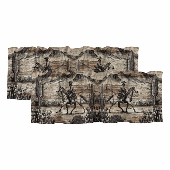 2 Pack Valances for Window, Brown Western Farmhouse Short Curtains for Kitchen Bedroom Living Room, Vintage Cowboys Cactus Rod Pocket Small Window Treatment Valance Drapes 42 x 12 Inch