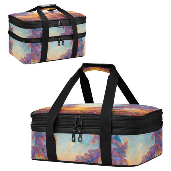 Large Double Decker Insulated Casserole Carrier Expandable 2-Layer Thermal Food Tote Bag Impasto Poppy Field Art Hot Cold Pizza Lasagna Holder for Potluck Picnic Party Camping