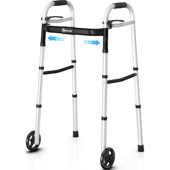 Whlicks Narrow Folding Walker for Seniors, Adjustable Width & Height, Lightweight Aluminum Walker with Wheels, Supports 350 lbs