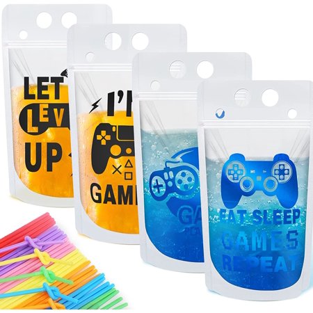 

20 Pcs Video Game Drink Pouch Cups with 20 Straws Plastic Drink Pouches Clear Zipper Bags Gaming Party Cups Reusable Drink Pouches Game on Birthday Party Decorations Birthday Gift