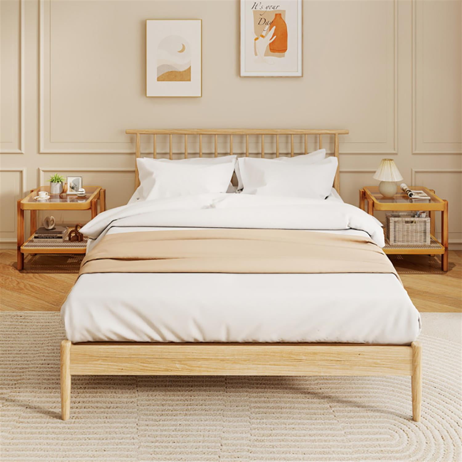 Demi Bonn Rattan Sofa Side Table, 2-Tier End Table with Tempered Glass Top Acacia Wood Legs, Nightstand for Small Spaces, Living Room, Bedroom, Brown