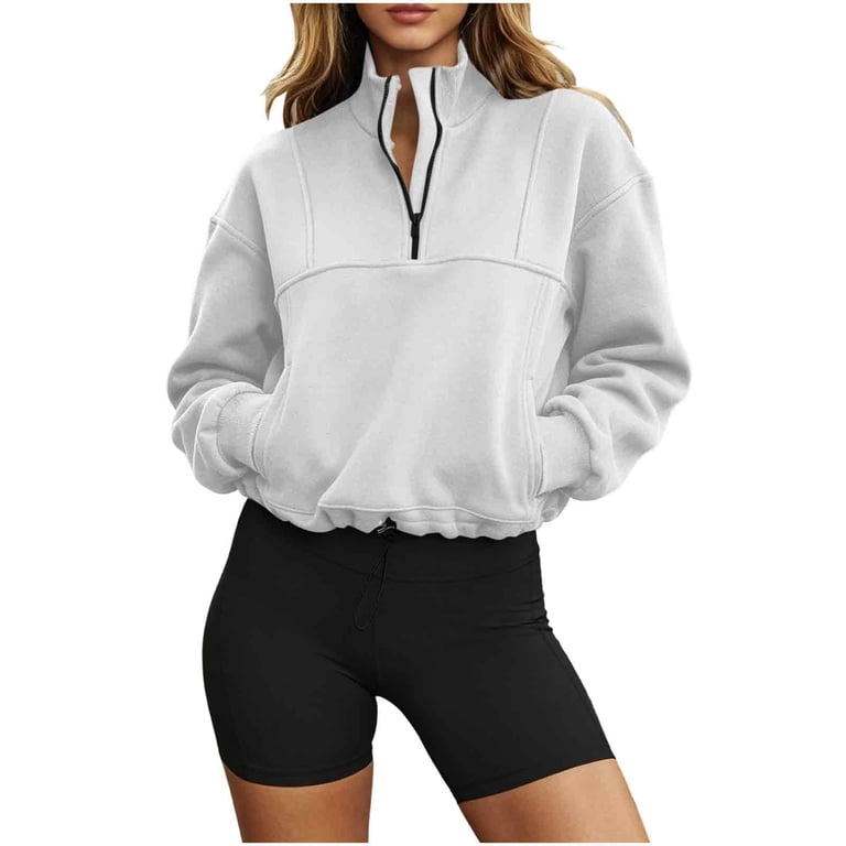 Floleo Women Half Zip Stand Collar Cropped Sweatshirt, Ladies