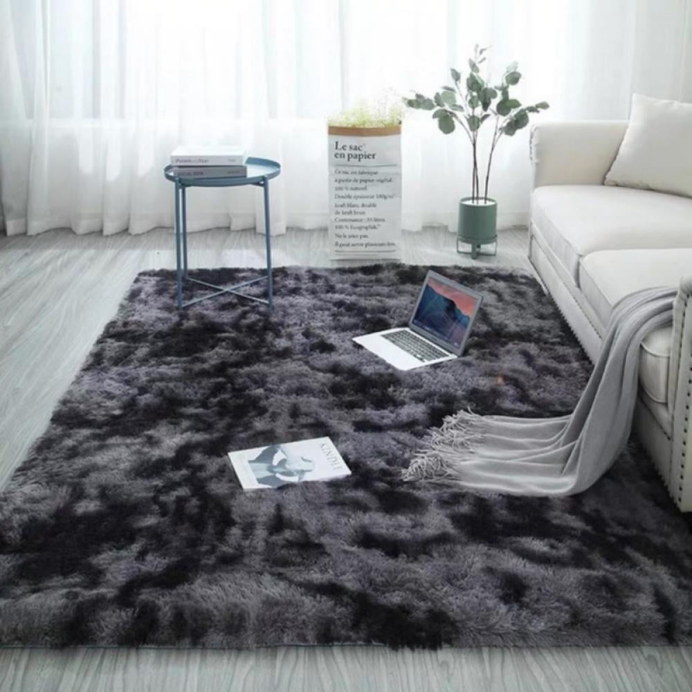 Black Washable Rugs Fluffy Shaggy Floor Mat Small Large Non Slip Bedroom Carpet 