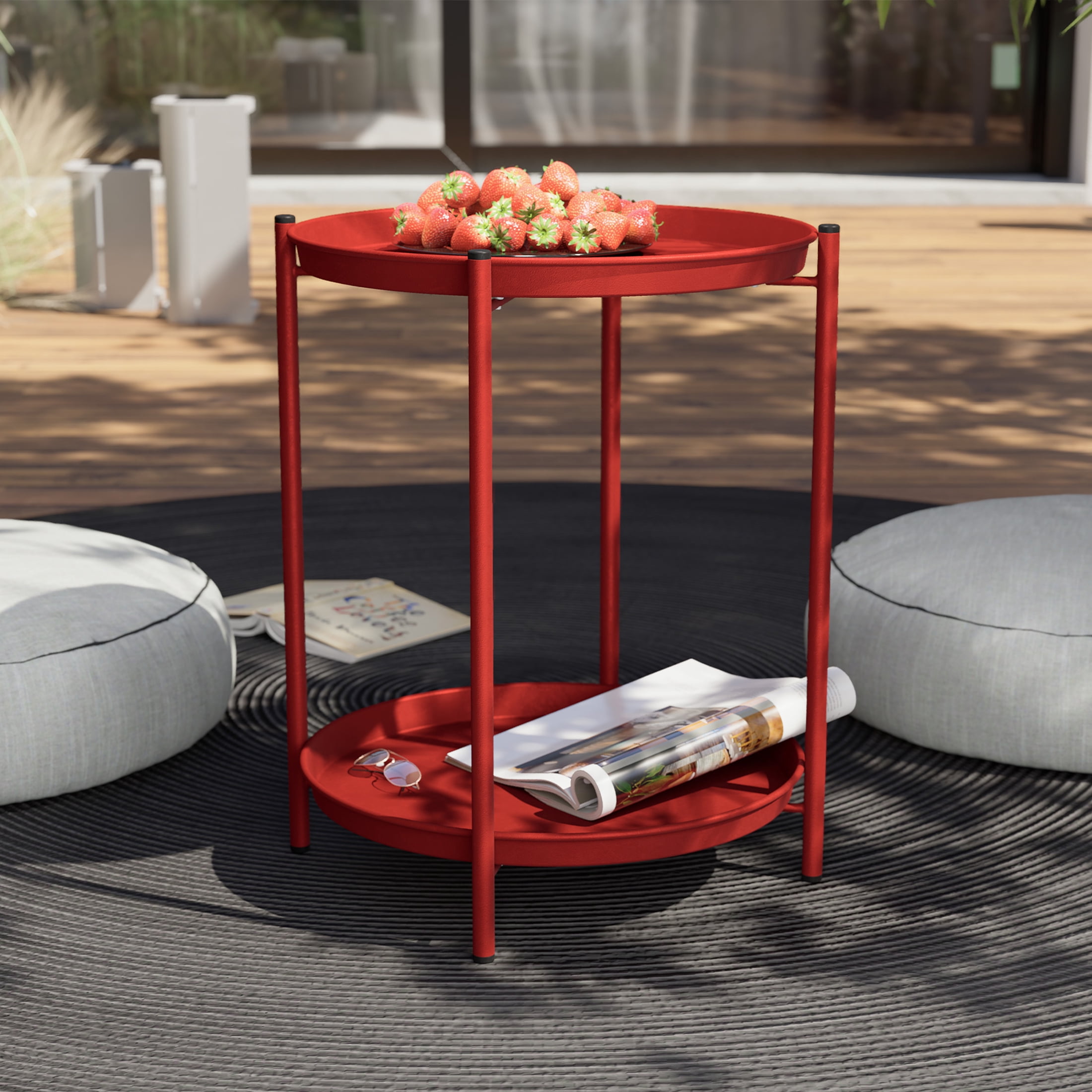 Grand Patio Indoor & Outdoor Side Table 2-Tier, Weather-Resistant Steel Round End Table for Porch, Poolside, Bedroom, Living Room, Red