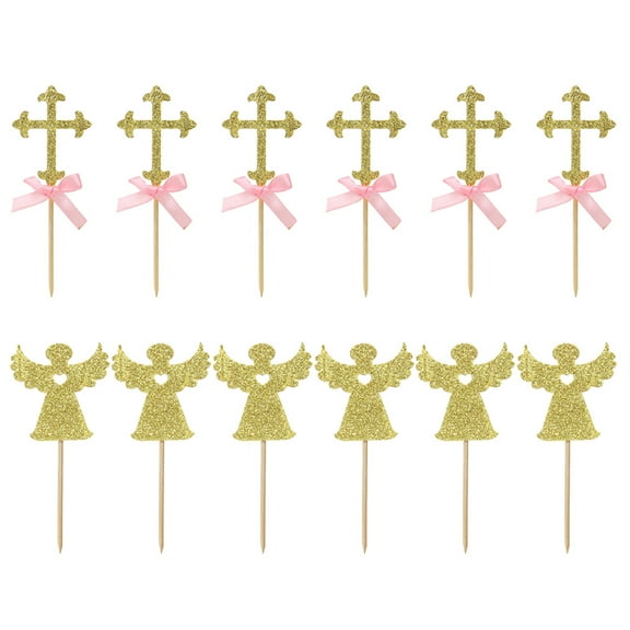 UNOMOR 24pcs 2 Packs Cross and Angel Shape Glittering Cake Toppers Picks for Wedding Birthday Festival Pink Bowknot Cupcake Decor Party Supplies