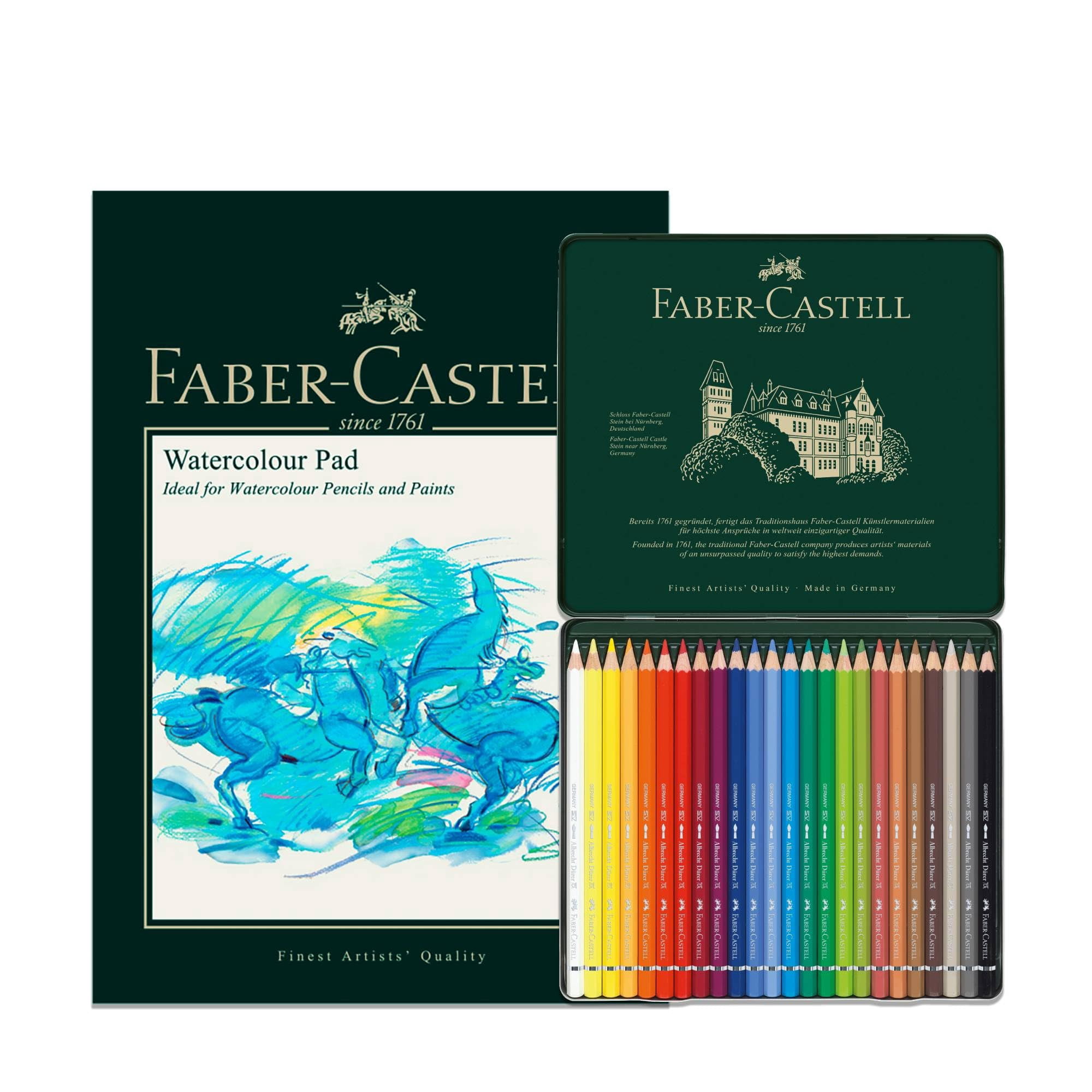 Faber-Castell A4 Watercolour Pad & Tin of 24 Albrecht Dürer Watercolour Pencils Art Set Adult Colouring Books Craft Supplies Drawing Sketching Lightfast Schools Home College