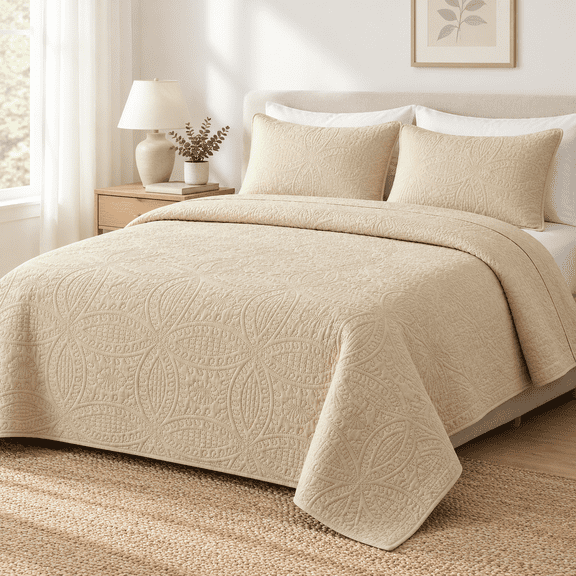 Beige Full/Queen(90"x96") Ultrasonic Quilt Bedding Set 3 Piece