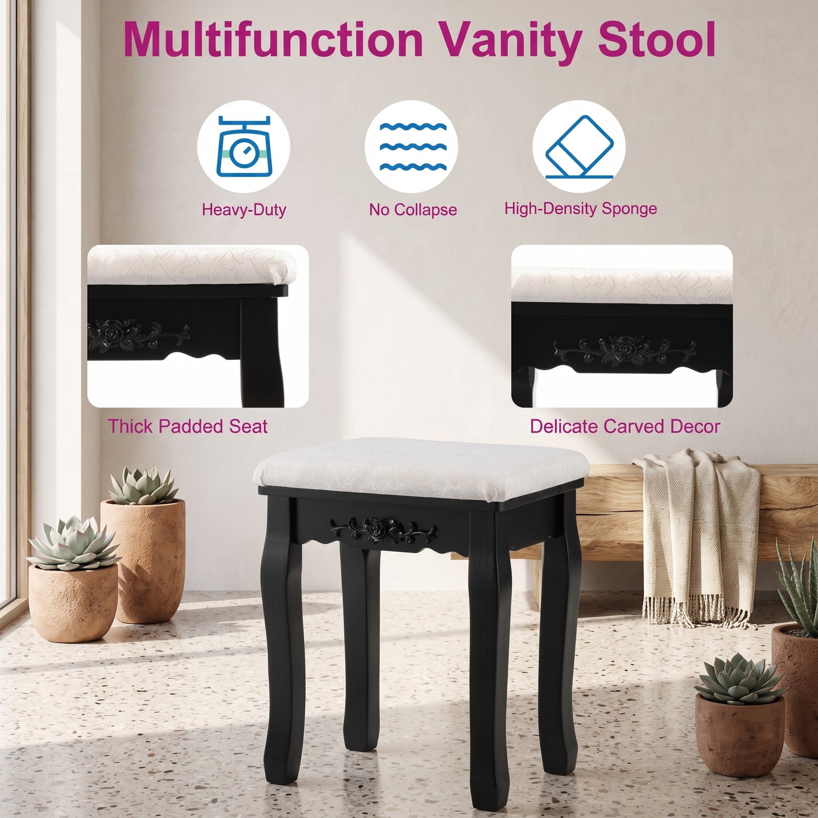 Furnibear Makeup Dressing Table with Touch Switch Lighted Mirror and Cushioned Stool, Vanity Desk with 4 Drawers and 10 LED Bulbs, Black