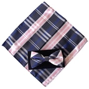 Triple M Plus Argyle Plaid Tartan Bowtie with Pocket Square Set In Navy with Pink and White Color