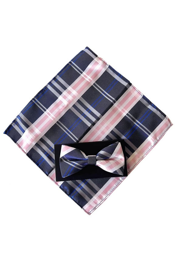Argyle Plaid Tartan Bowtie with Pocket Square Set In Navy with Pink and White Color