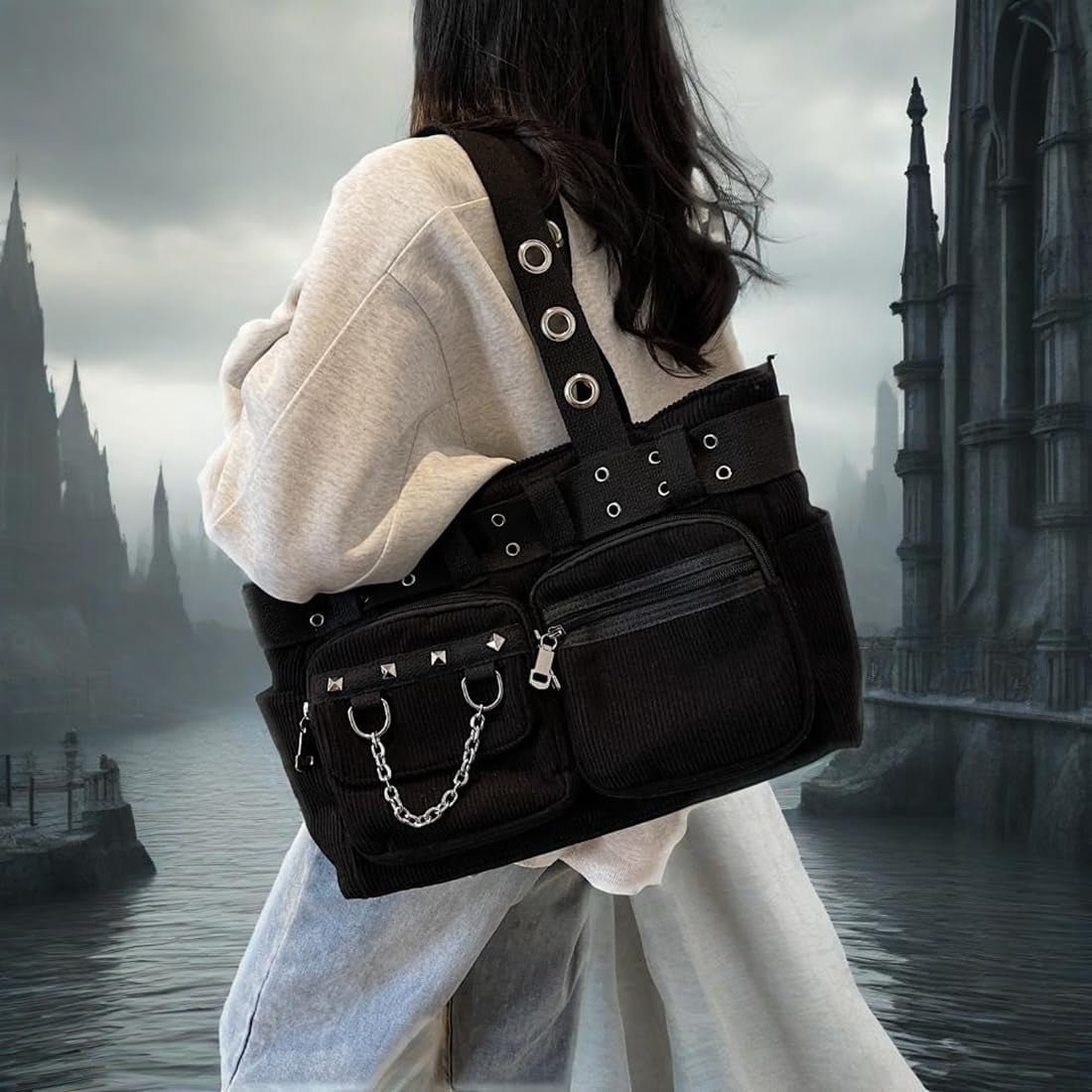 Corduroy Tote Bag Goth Bags for Women Large Gothic Goth Purse for College Work Office Travel
