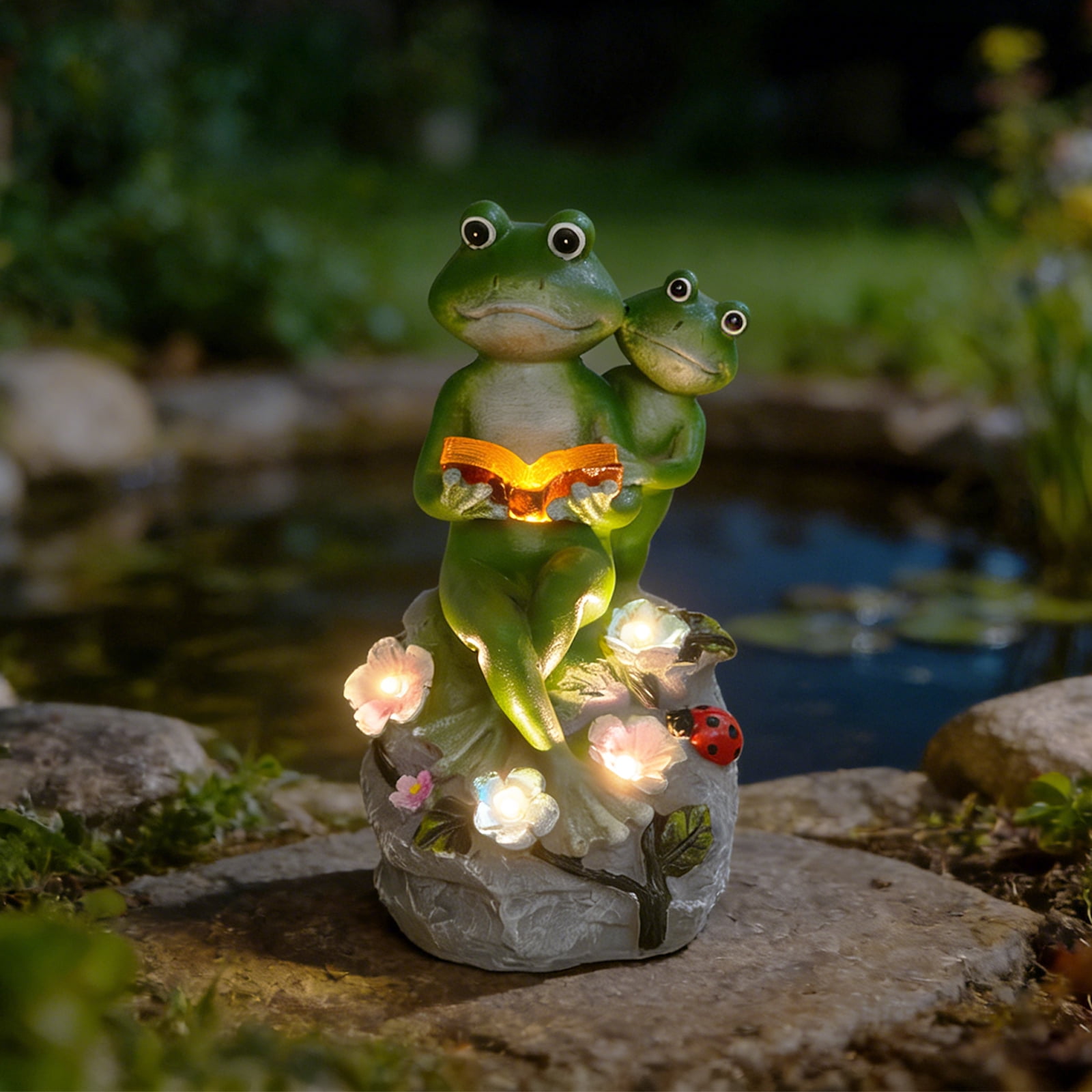 Solar LED Frog Garden Statue - Reading Frog Couple with Flower Lights, Whimsical Outdoor Decor for Patio, Lawn, Yard, Gift for Garden Lovers
