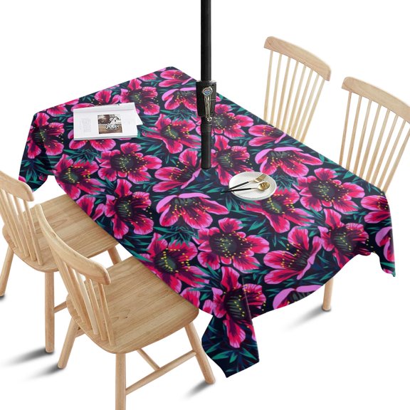 Outdoor Waterproof Tablecloth with Umbrella Hole and Zipper,Flower Wallpaper Rectangle Reusable Durable Decor Table Cover for Party Picnic Patio 60×84 Inch