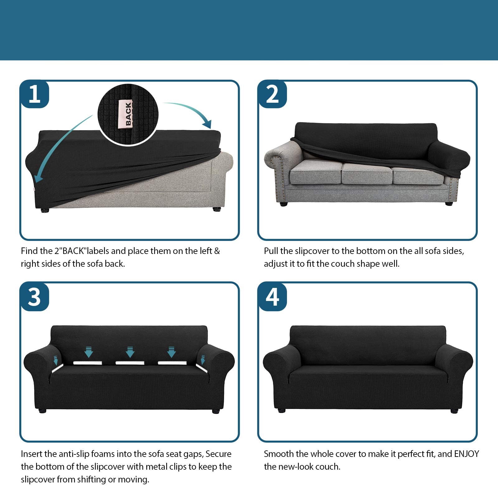 Stretchable Sofa Cover for 3 Seat Couch, Jacquard Fabric Pet Friendly Slipcover, Washable Anti-Wrinkle Protector, Fits 62"-80" Seat Area, Black