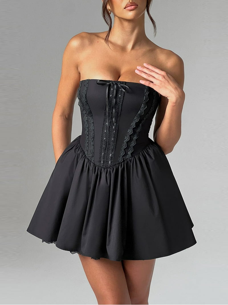 Michellecmm Women's Corset Mini Dress Strapless Lace Trim Solid Color Tube  Top Dress Short Party Dress - Walmart.com
