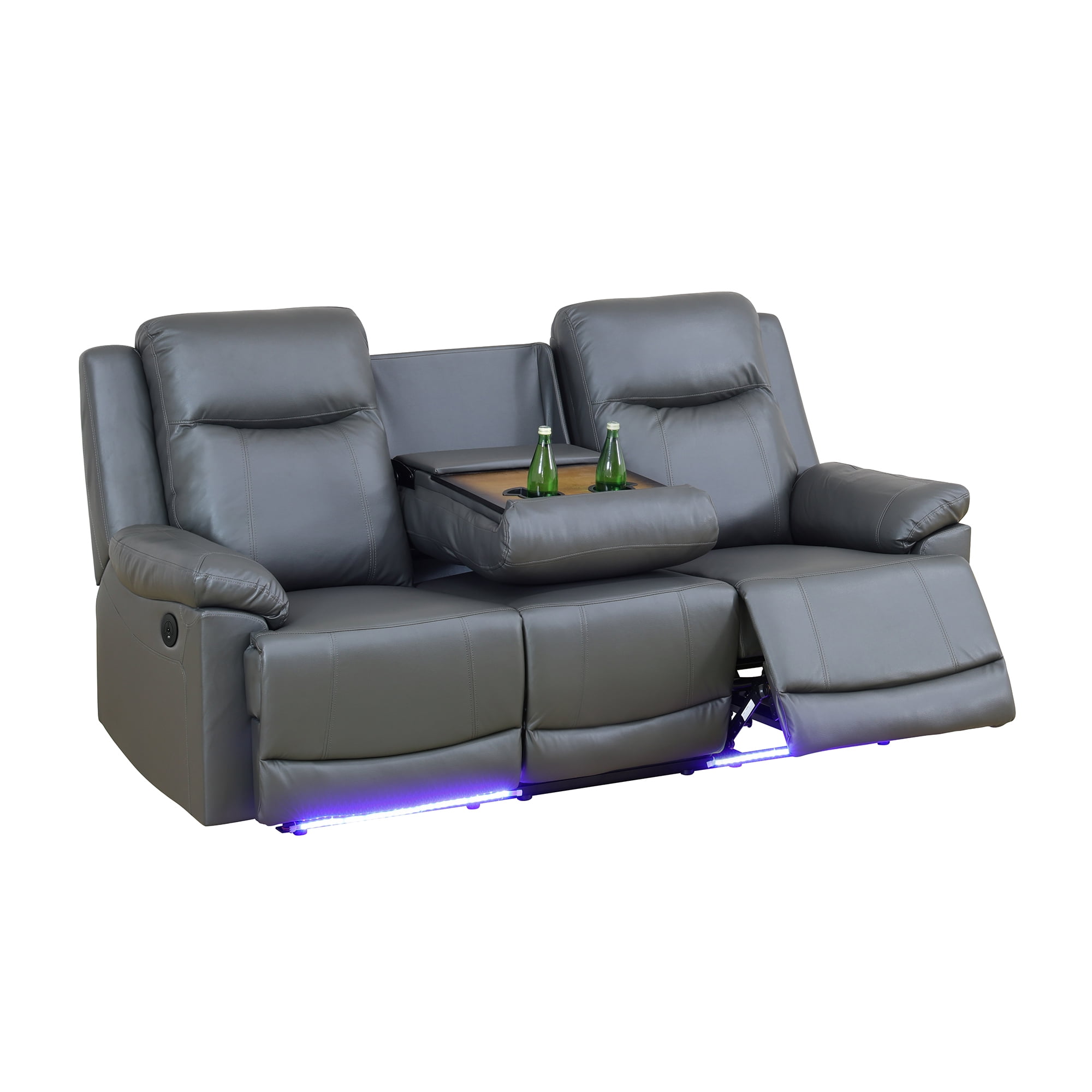 Gewnee Silver Gray 3-Seater Sofa with Console & Cup Holders, Air Leather & High-Elastic Sponge, Adjustable Recline, Perfect for Living Rooms（Power Recliner）