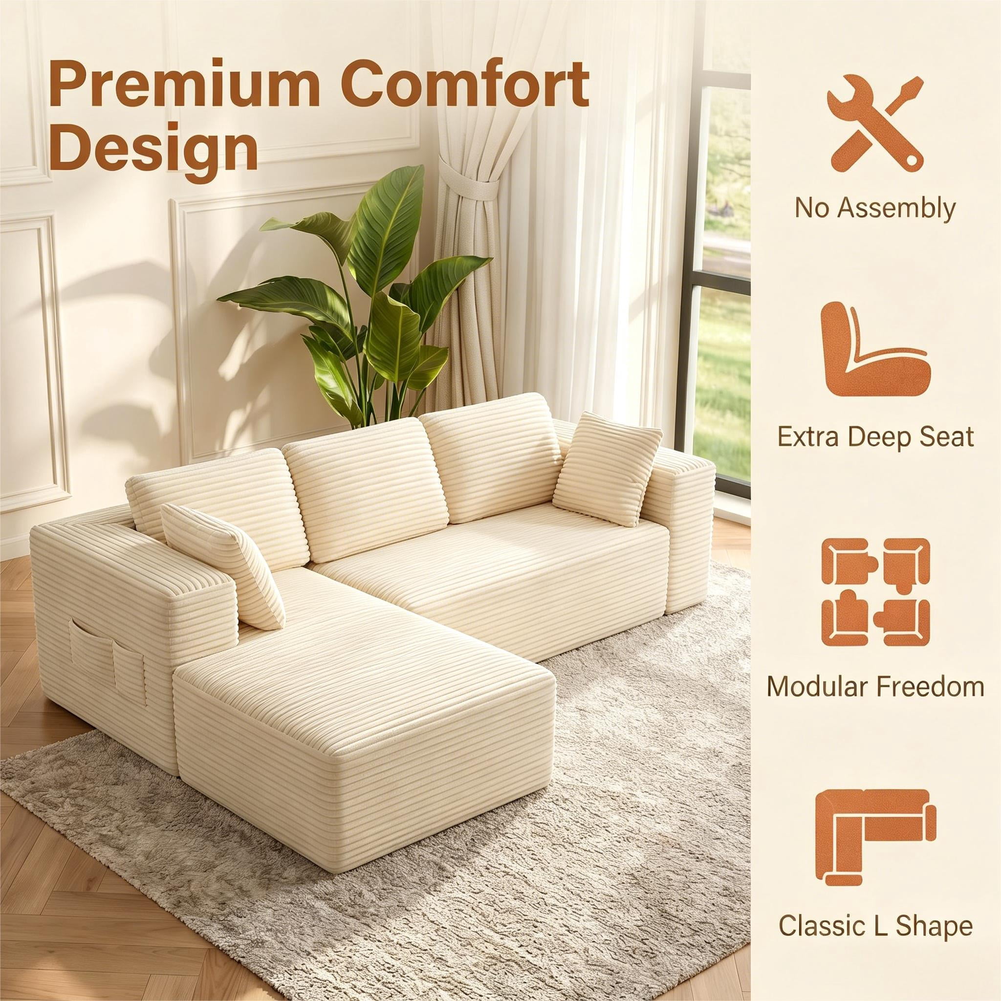 Sofa Couches, Lofka 105" L Shaped Sectional for Living Room, No Assembly Boneless Deep Seat, Beige Corduroy