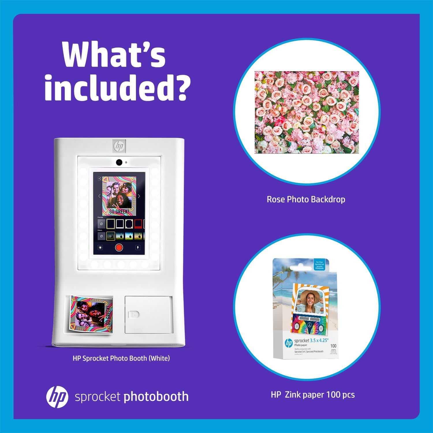 HP Sprocket Photo Booth Printer Kit (White), Color Instant Prints, 100 Zink Paper, Roses Photo Backdrop