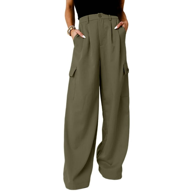 Pantalones cargo Dokotoo de pierna ancha y cintura alta, color verde, para mujer