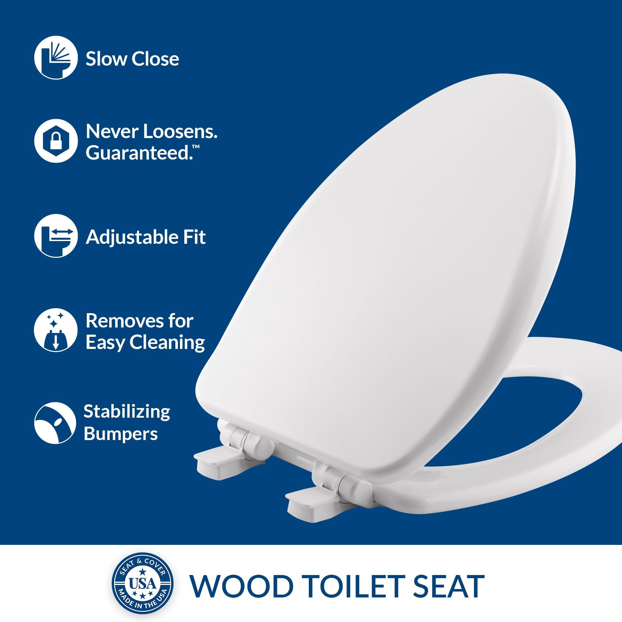 Bemis 19170PLE4 000 Alesio II Elongated Enameled Wood Toilet Seat in White with STA-TITE Seat Fastening System, EasyClean, WhisperClose, Precision Seat Fit Adjustable Hinge and Super Grip Bumpers