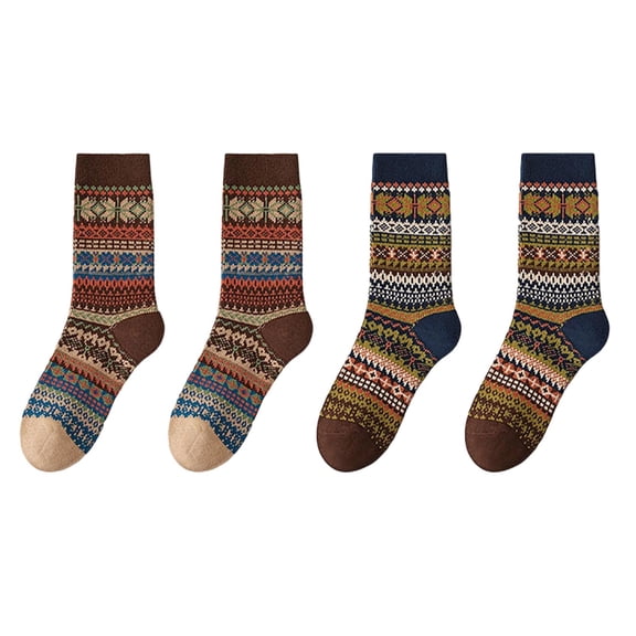 Women Winter Warm Wool Crew Socks Vintage Ethnic Thick Knit Cozy Soft Socks with Grip Bottom for Daily Casual Home