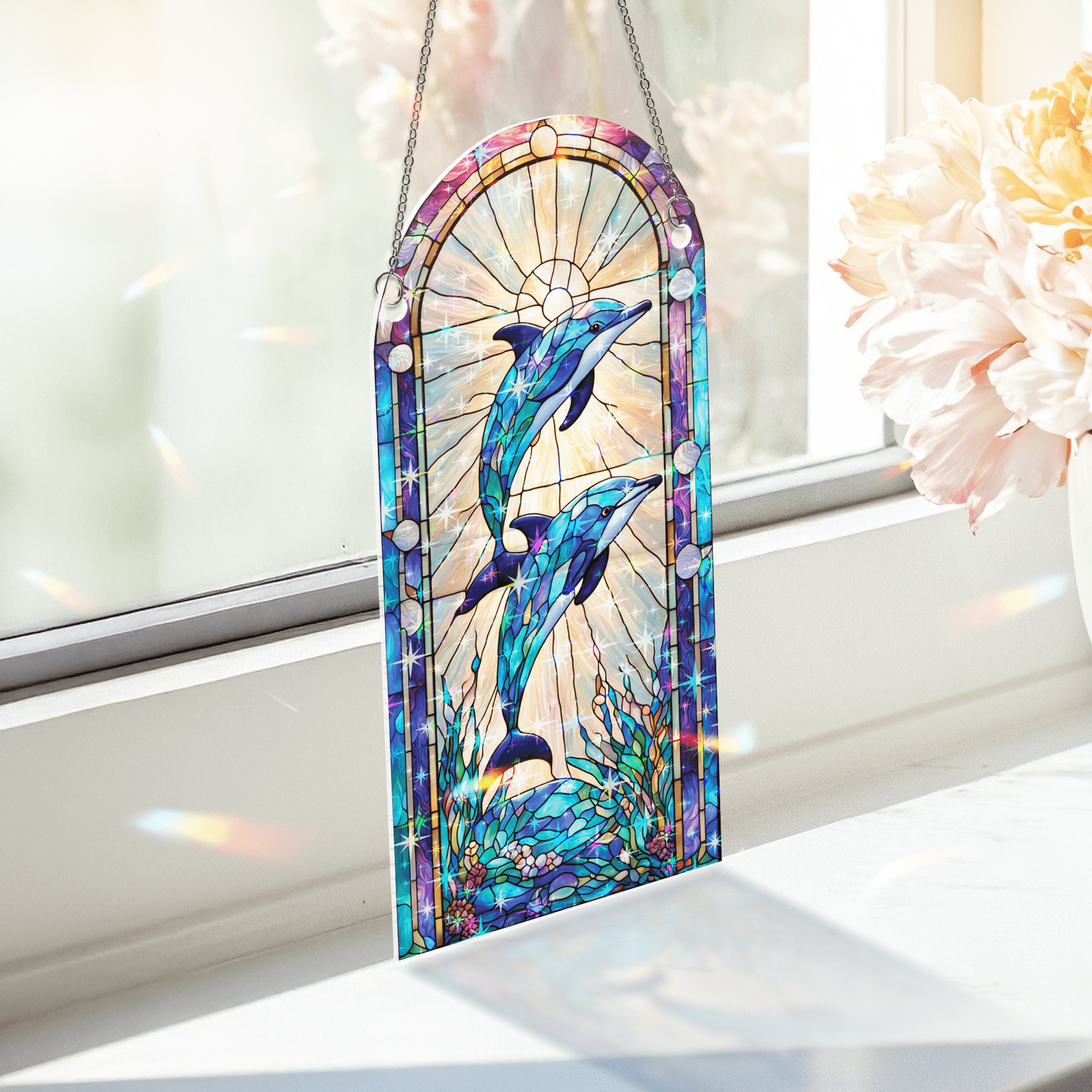 89Bloom Dolphin Stained Glass Hologram Ornament, Stained Glass Suncatcher Ornaments Home Decor, Holographic Ornaments