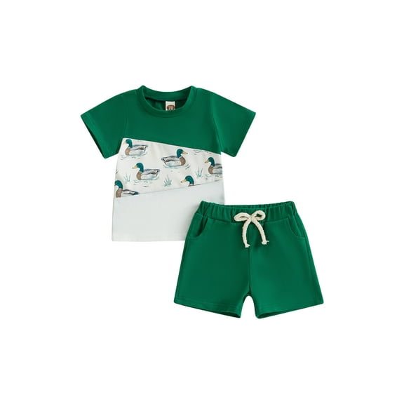 Baby Toddler Boy Duck Outfit 3 6 12 18 24 Months 2T 3T 4T 5T Contrast Short Sleeve T-shirts Solid Elastic Waist Shorts 2 Piece Summer Clothes Set