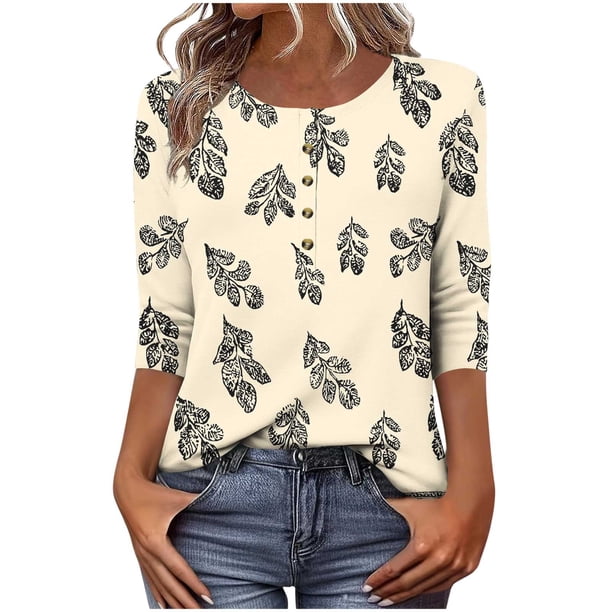 3/4 Manga Casual Tops para las Mujeres Impreso Botón Camiseta Cómoda Y Suelta, Blusa de Cuello Redondo para Diario