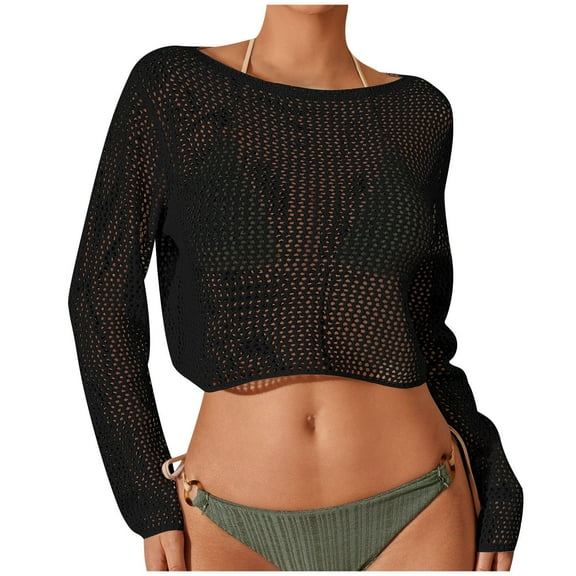 ZQUUVOU Women's Knit Beach Cover Up Tops Long Sleeve Sheer Mesh Swimwear Bathing Suit Sheer Mesh Beach Crop Tops Black
