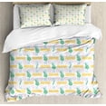 thumbnail image 1 of Hawaii Duvet Cover Set King Size, Cartoon Style Aloha Word with Exotic Leaf in Pastel Tones, 3 Piece Bedding Set with 2 Pillow Shams, Mustard Baby Blue Sea Green Baby Pink, by Ambesonne, 1 of 3
