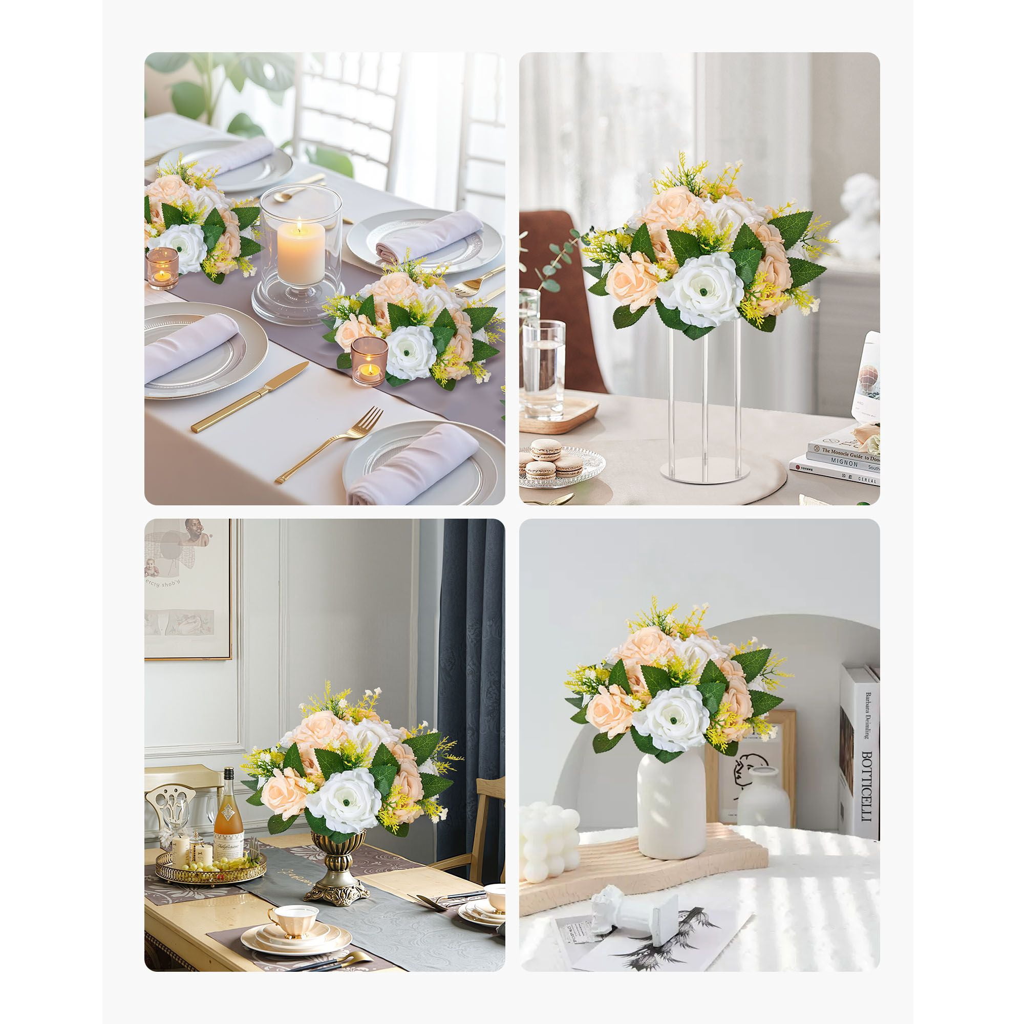 10-Pack Artificial Rose Flower Balls, 9.4" Diameter Half-Sphere, Silk Flowers with Stable Base, Fade-Resistant for Wedding Table Centerpieces