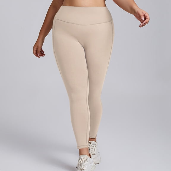 Maqroz Plus Size Leggings with Pockets High Waist Tummy Control Yoga Pants Brown Workout Tights Beige,XXL