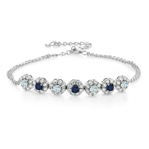 Gem Stone King 2.27 Cttw Sky Blue Aquamarine and Blue Sapphire Tennis Bracelet for Women | 925 Sterling Silver | Gemstone March Birthstone | 7 inch with 2 inch Extender