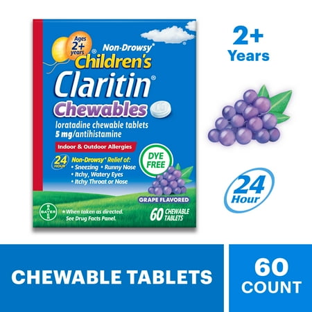 Claritin Allergy Medicine for Kids, Loratadine Antihistamine Grape Chewable Tablets, 60 Ct