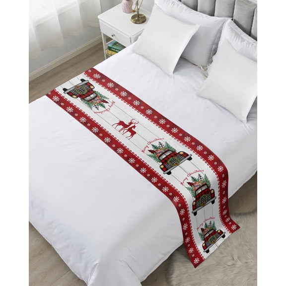 Bed Runner Scarf King Size, Christmas Truck Stain Bed Runners & Scarves for Foot of Beds, Xmas Snowflakes Winter Plaid Tree Wooden Decorative Bedding Runner Scarf for Hotel Home Bedroom