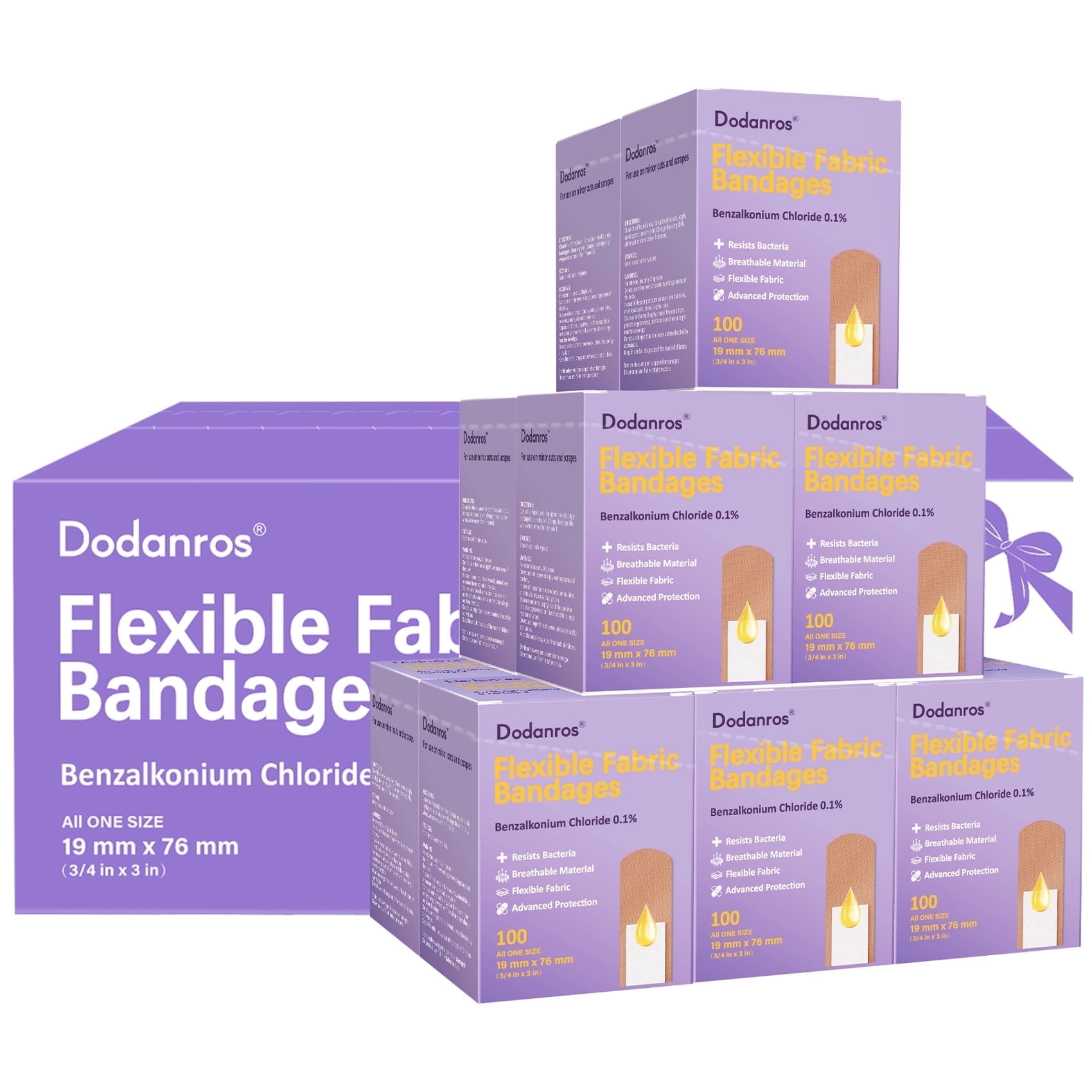 Dodanros Bulk Case of 1200 PCS Flexible Fabric Bandages, 3/4" x 3",Individual 12 Box Packaging,Include 0.1%Benzalkonium,Sterile, Breathable | Use for School, Hospital, Businesses, and First Aid Kits.