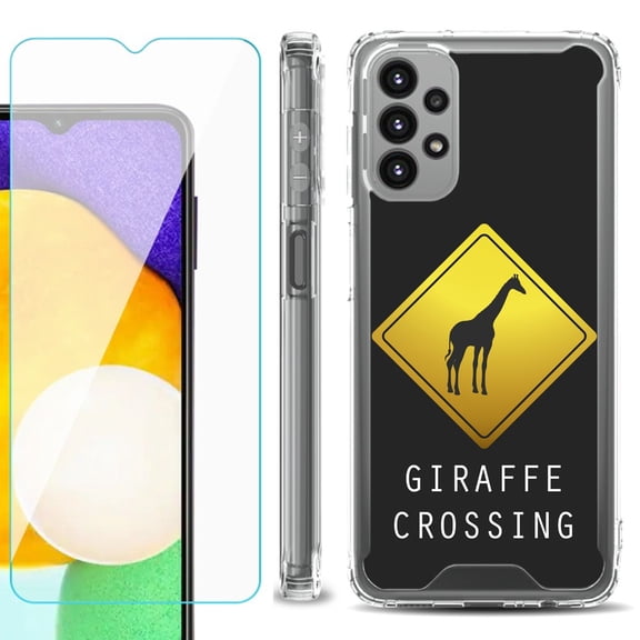 Shockproof Bumper Phone Case for Samsung Galaxy A23 5G, with Tempered Glass Screen Protector, by OneToughShield ® - Road Sign Giraffe