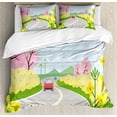 thumbnail image 1 of Travel Duvet Cover Set King Size, Pastel Colorful Cheerful Cartoon Graphic of Nature and Cars on Road, Decorative 3 Piece Bedding Set with 2 Pillow Shams, Multicolor, by Ambesonne, 1 of 3