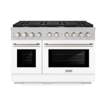 ZLINE 48 in. 6.7 cu. ft. Paramount Double Oven Dual Fuel Range with 8 Burner Gas Cooktop in DuraSnow Stainless Steel with White Matte Doors (SDRS-WM-48)