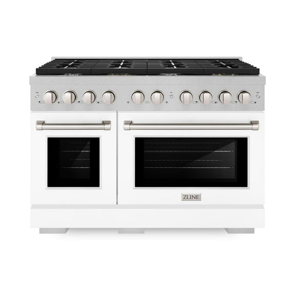 ZLINE 48 in. 6.7 cu. ft. Paramount Double Oven Dual Fuel Range with 8 Burner Gas Cooktop in DuraSnow Stainless Steel with White Matte Doors (SDRS-WM-48)