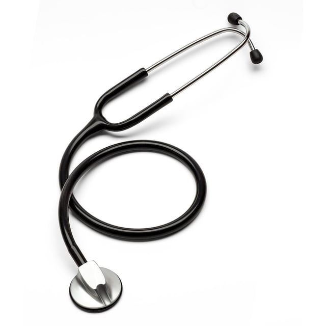 estetoscopio paramed cardiología clásica 22pulg para hombres mujeres pediatría negro doble cabezal de acero inoxidable con tubo flexible negro y auriculares inclinados con cubiertas suaves; incluye dos almohadillas de repuesto, diafragma de reemplazo en estuche y soporte para etiqueta, presentado sobre fondo blanco. Suele usarse también para prácticas educativas y simulación clínica.