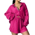 thumbnail image 3 of Dazajoo Womens 2 Piece Pajamas Set Shorts Casual Long Sleeve Button Down Shirts and Shorts Pjs Sleepwear Set,Hot Pink,XXXXXL, 3 of 8