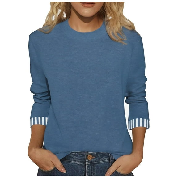 TKLPEHG 3/4 Length Sleeve Tops for Women Casual Round Neck Striped Patchwork Three Quarter Sleeve Loose T-shirt (Light Blue,XXL)