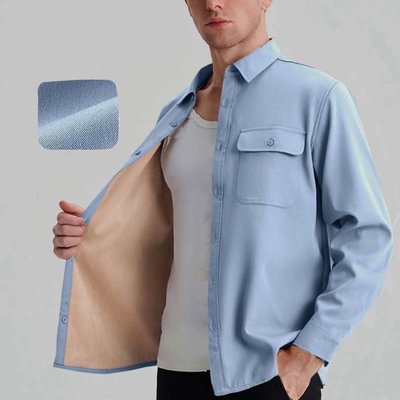 SYMOID Mens Blue Cotton Fleece Lined Shacket - Button Down, Long Sleeve with Chest Pocket for Casual/Office/Layering (M-XXXXL),Size 4XL