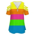 thumbnail image 4 of PLAIN SOLID NEON FLUORESCENT RAINBOW STRIPES 5 COLORS Womens Summer V Neck Zipper Top Short Sleeve T Shirt Off Shoulder Top Casual Classy Loose Shirts, 4 of 7