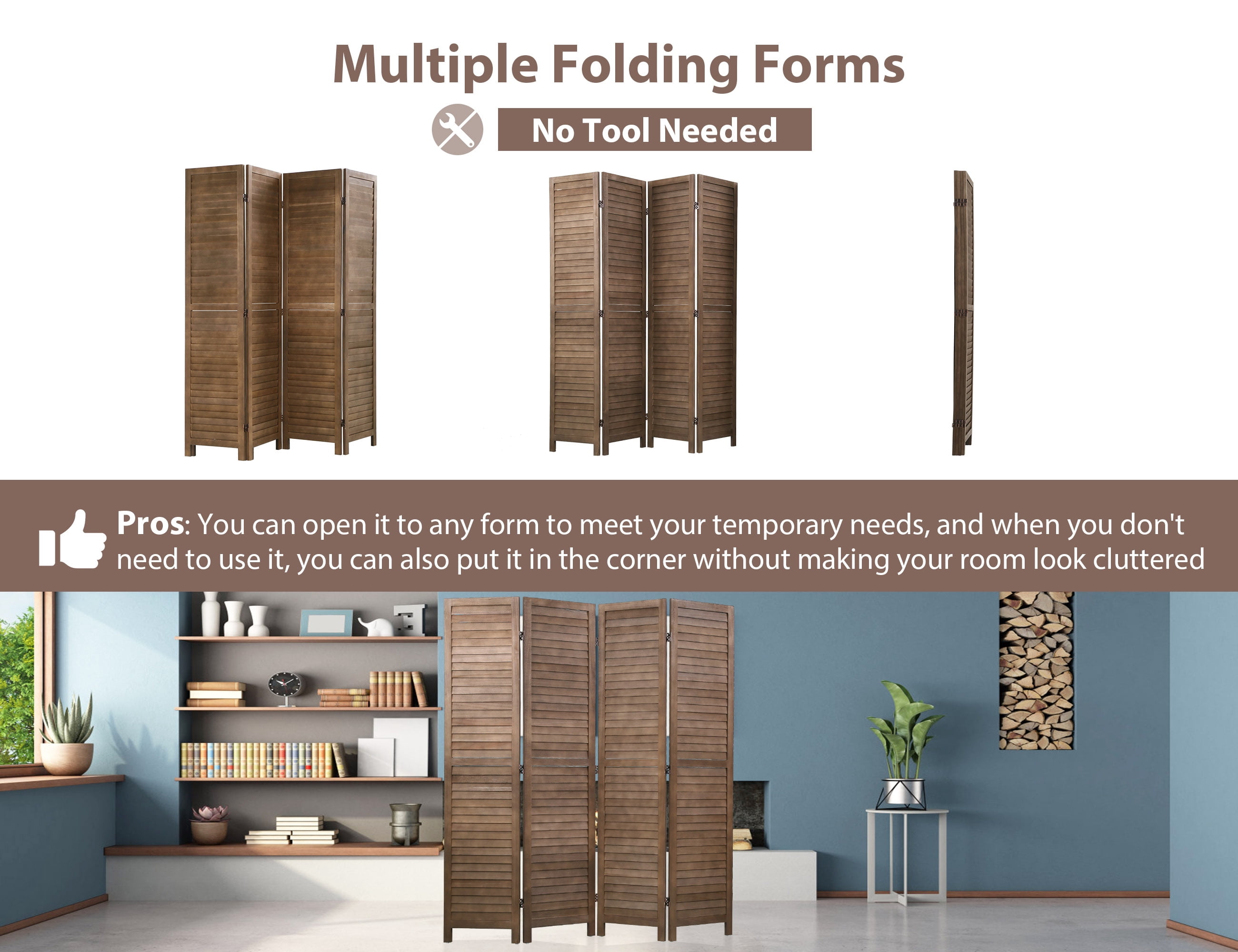 YRLLENSDAN 4 Panel Wood Room Divider Partition Room Dividers 5.6 Ft Tall Privacy Wall Divider 66.9" x 15.75" Each Panel Folding Wood Screen for Home Office Bedroom Restaurant (Brown)