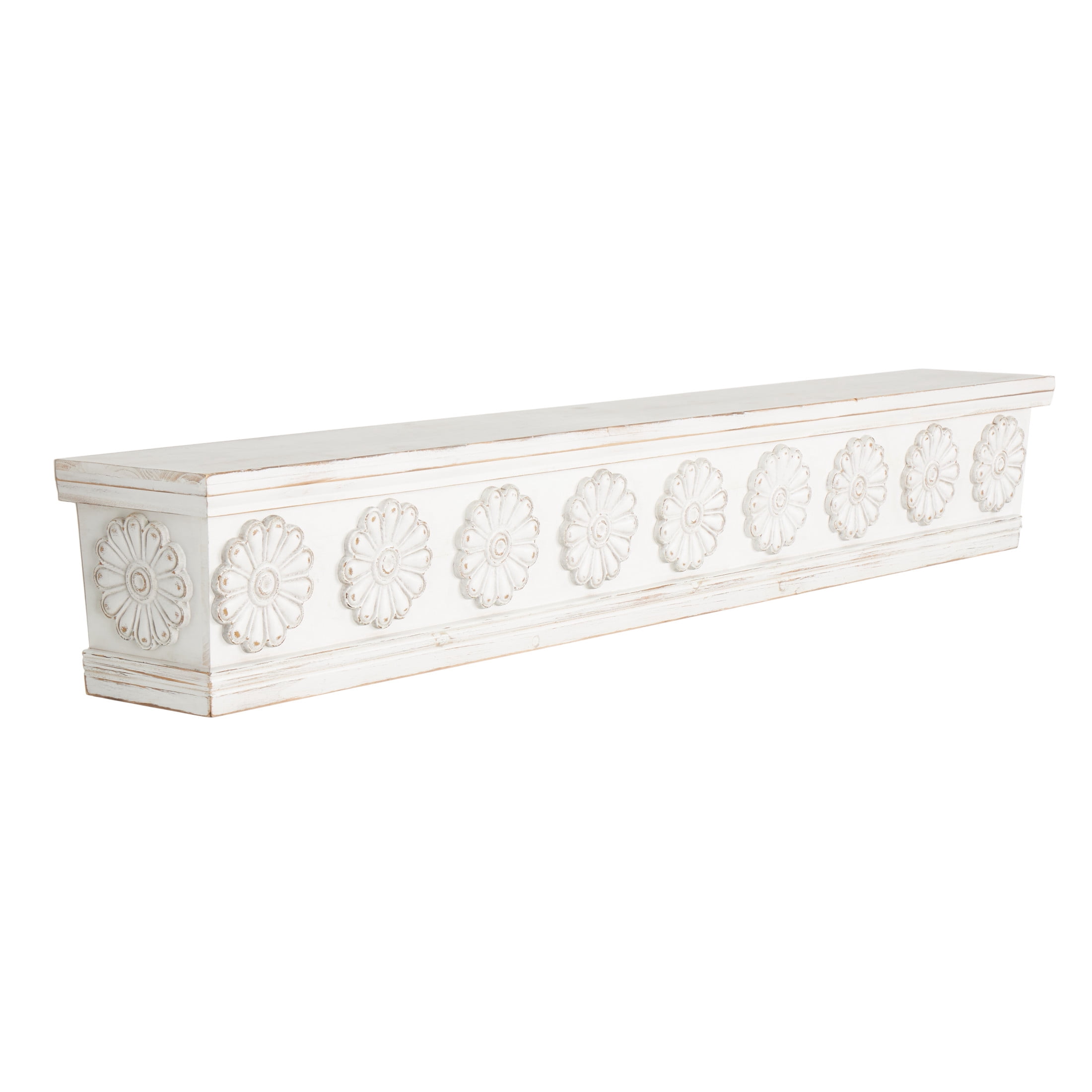 DecMode 60" x 8" 1-Tier White Floral Wall Shelf with Brown Distressing